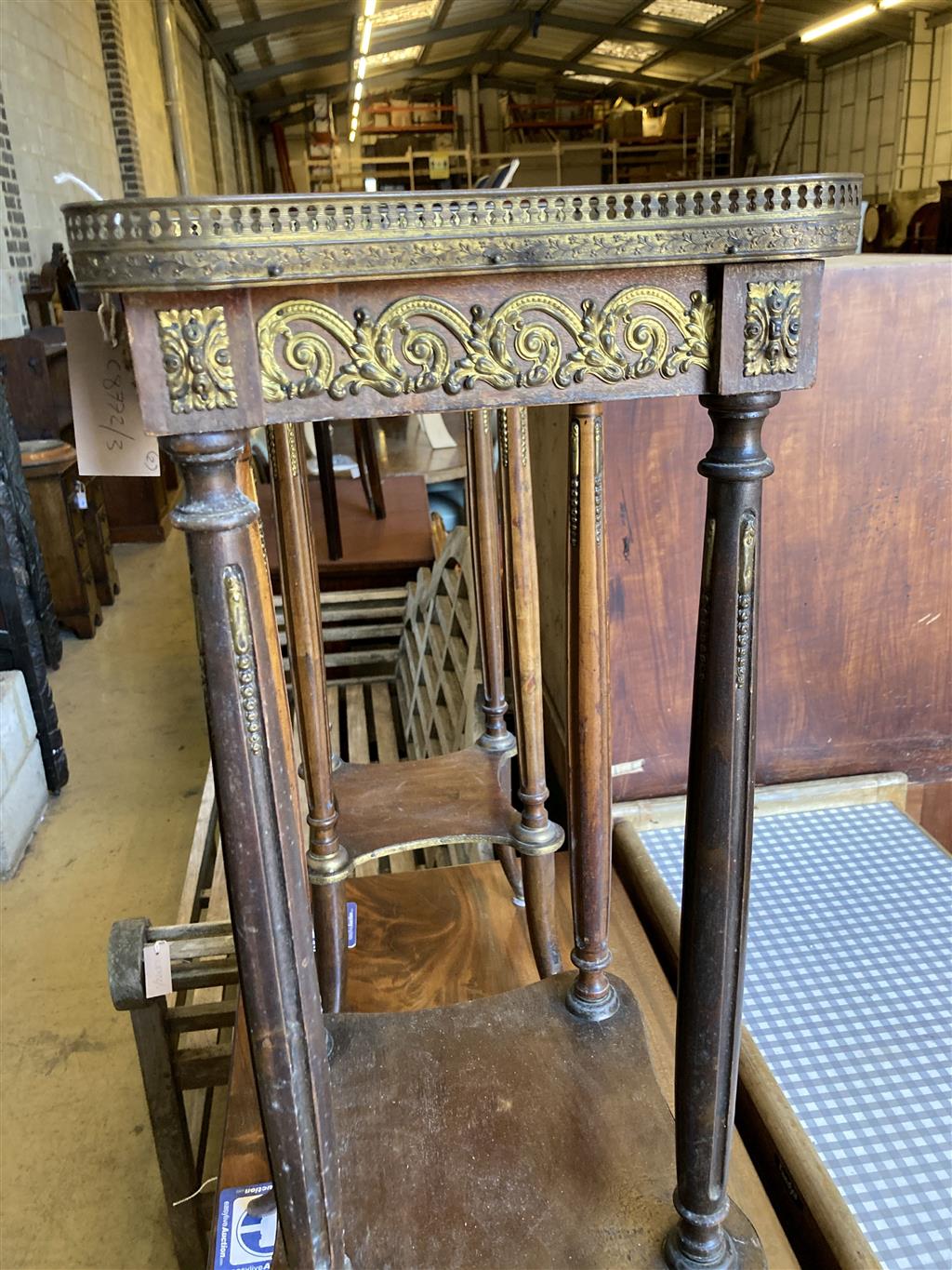 A near pair of French marble top two tier plant stands, larger width 30cm, depth 30cm, height 82cm